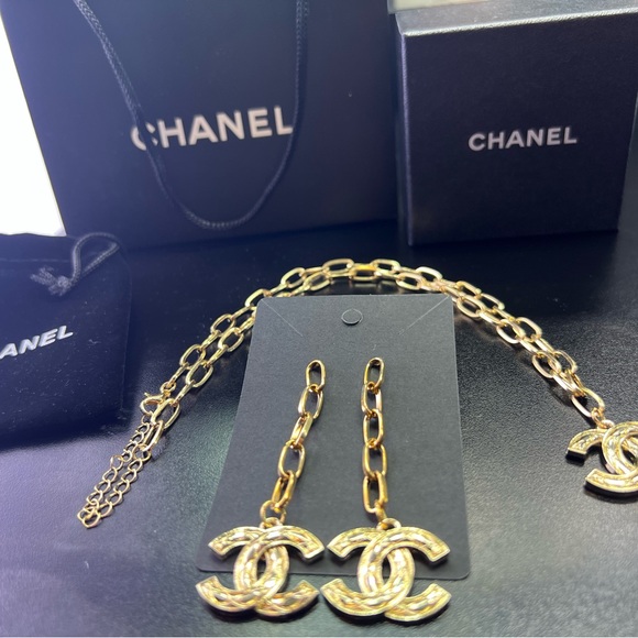 Chanel Gold Chain Earrings and Necklace Set Up-Cycled - Picture 1 of 6